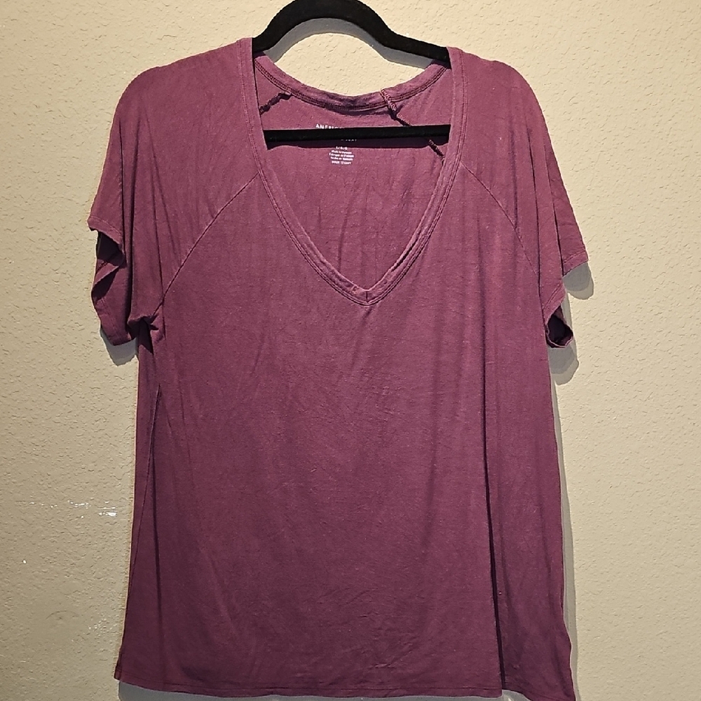 American Eagle Outfitters Soft & Sexy Short Sleeve V-Neck Top Dark Mauve Large